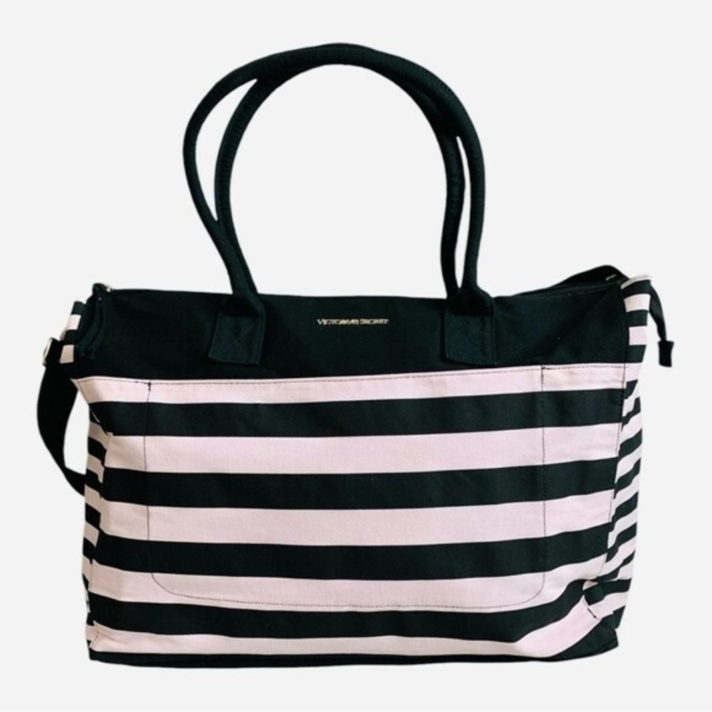 Victoria’s Secret Duffel Bag Black White Pink Stripe Canvas with Makeup Case - Picture 2 of 11